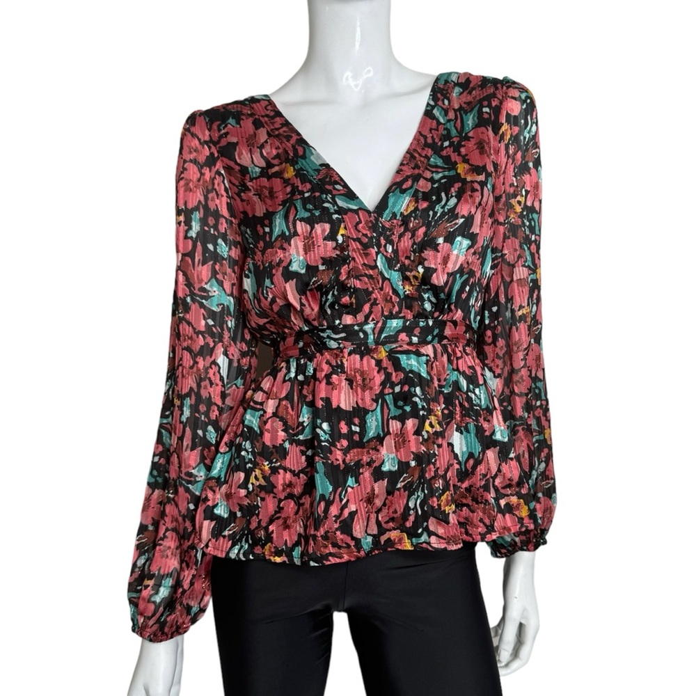 Skies Are Blue Peplum Floral Ballon‎ Sleeve V-Neck Pink Black Blue Blouse